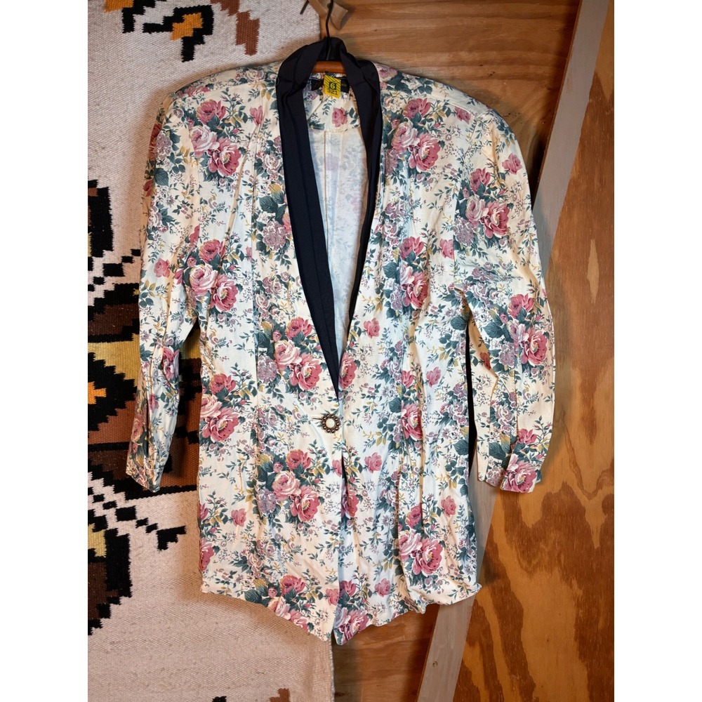 Positive Influence Floral Blazer Womens 6 Cream Pink Tulip Hem Shoulder Pads